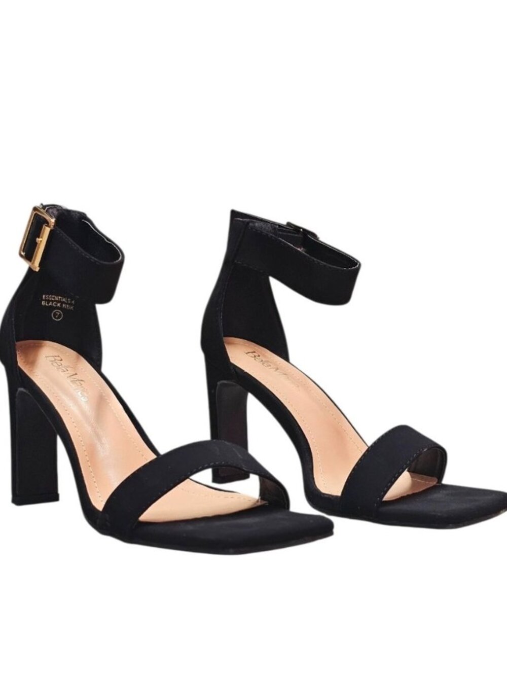 Womens Black Block Heel Sandals With Ankle Strap & Gold Buckle Perfect For Casua